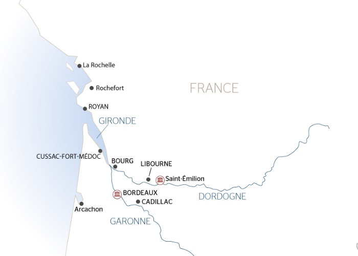 carte Croisière en Aquitaine de Bordeaux à Royan, l'estuaire de la Gironde, la Garonne et la Dordogne (formule port-port), 7 jours - BYA_PP