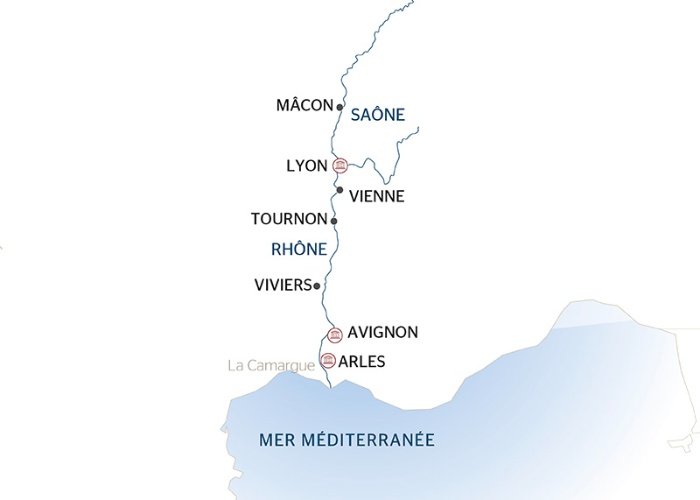 carte De la Bourgogne à la Camargue : sur la Saône et le Rhône (formule port/port), 8 jours - LSR_PP