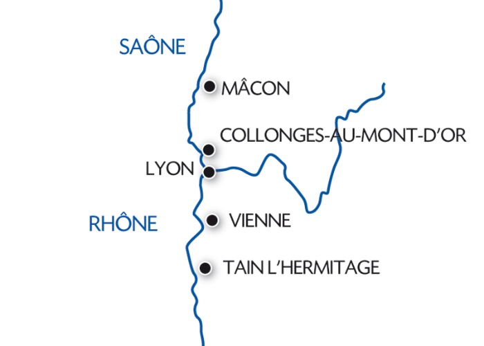 carte Gastronomie et vignoble entre Rhône et Saône avec un dîner à l'Abbaye de Collonges - Paul Bocuse (formule port/port), 5 jours - LLY_PP