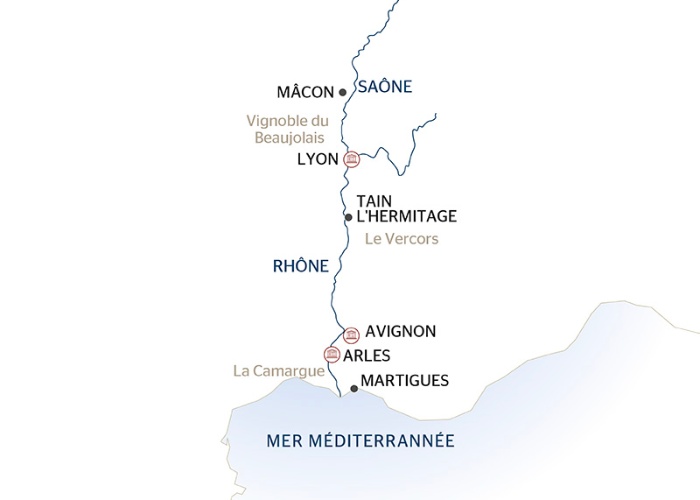 carte Les plus belles escales du Rhône et de la Saône. De Lyon à Martigues, porte de la Méditerranée (formule port/port), 7 jours - LMM_PP