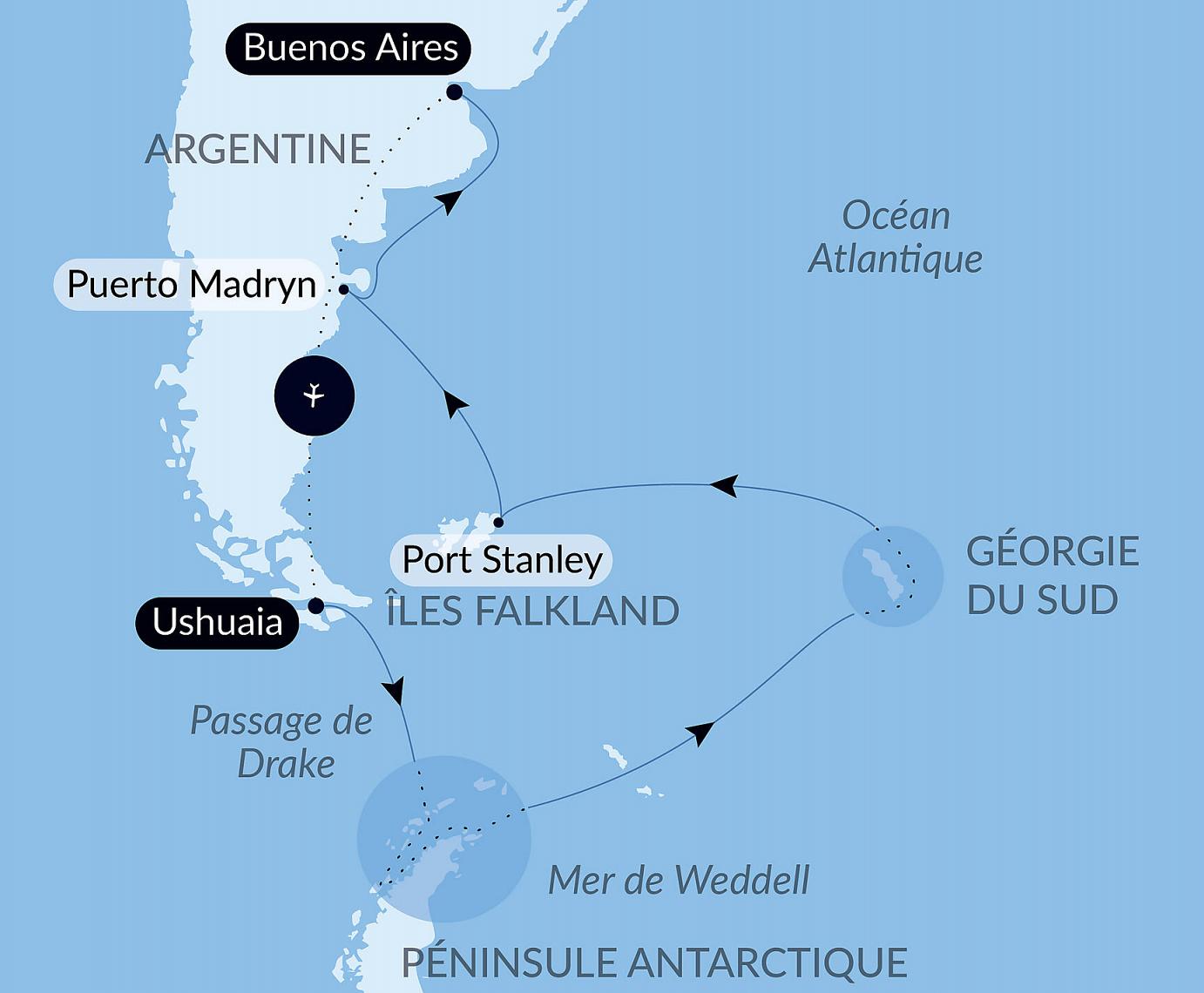 carte Voyage en terres australes et péninsule Valdés, 19 jours