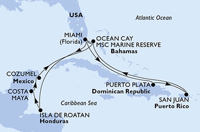 carte Miami, Puerto Plata, San Juan, Ocean Cay, Isla de Roatan, Costa Maya, 15 jours