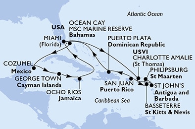 carte Miami, Charlotte Amalie, Basseterre, Philipsburg, St John s, San Juan, 18 jours