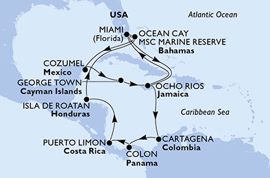 carte Miami, Ocean Cay, Cozumel, George Town, Ocho Rios, Cartagena, 19 jours