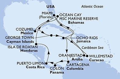 carte Miami, Ocho Rios, Cartagena, Colon, Puerto Limon, Isla de Roatan, 22 jours