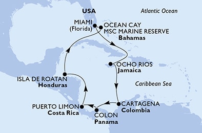 carte Miami, Ocho Rios, Cartagena, Colon, Puerto Limon, Isla de Roatan, 12 jours