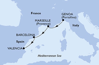 carte Genoa, Marseille, Barcelona, Valencia, 4 jours