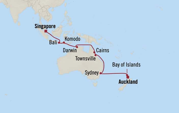 carte Nouvelle-Zélande, Australie, Indonésie, Singapour - 22 jours
