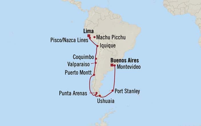 carte Pérou, Chili, Argentine, îles Malouines, Uruguay – 19 jours