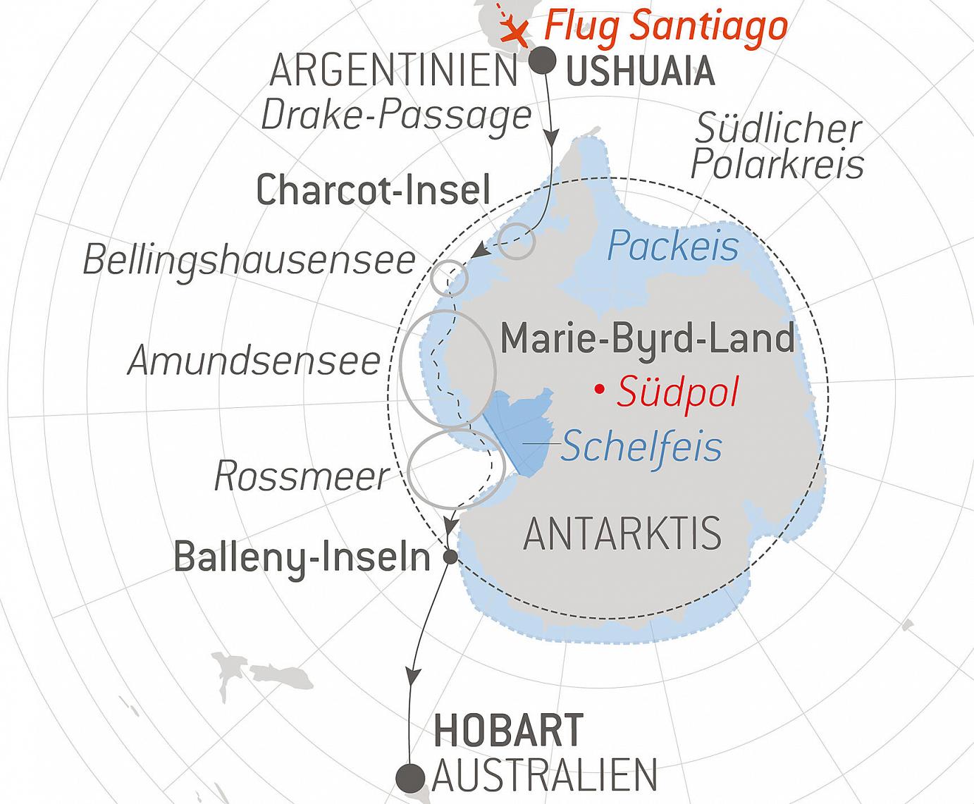 carte Entre deux continents, terres inexplorées orientales d'Antarctique, 30 jours