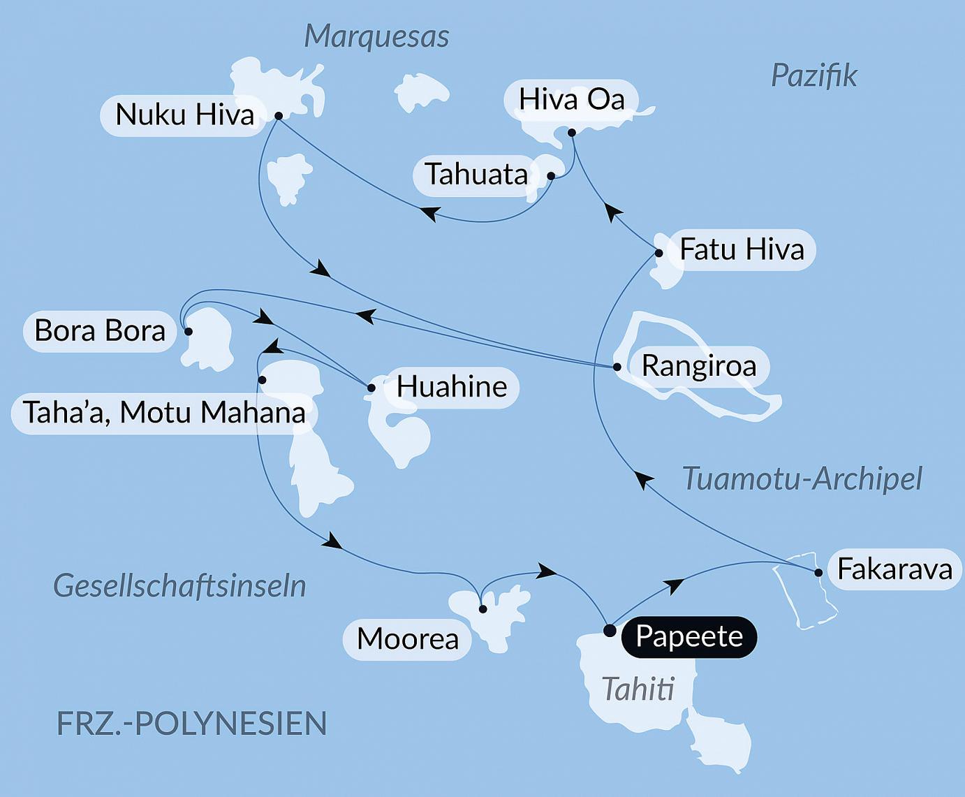 carte Marquises, Tuamotu et îles de la Société, 15 jours