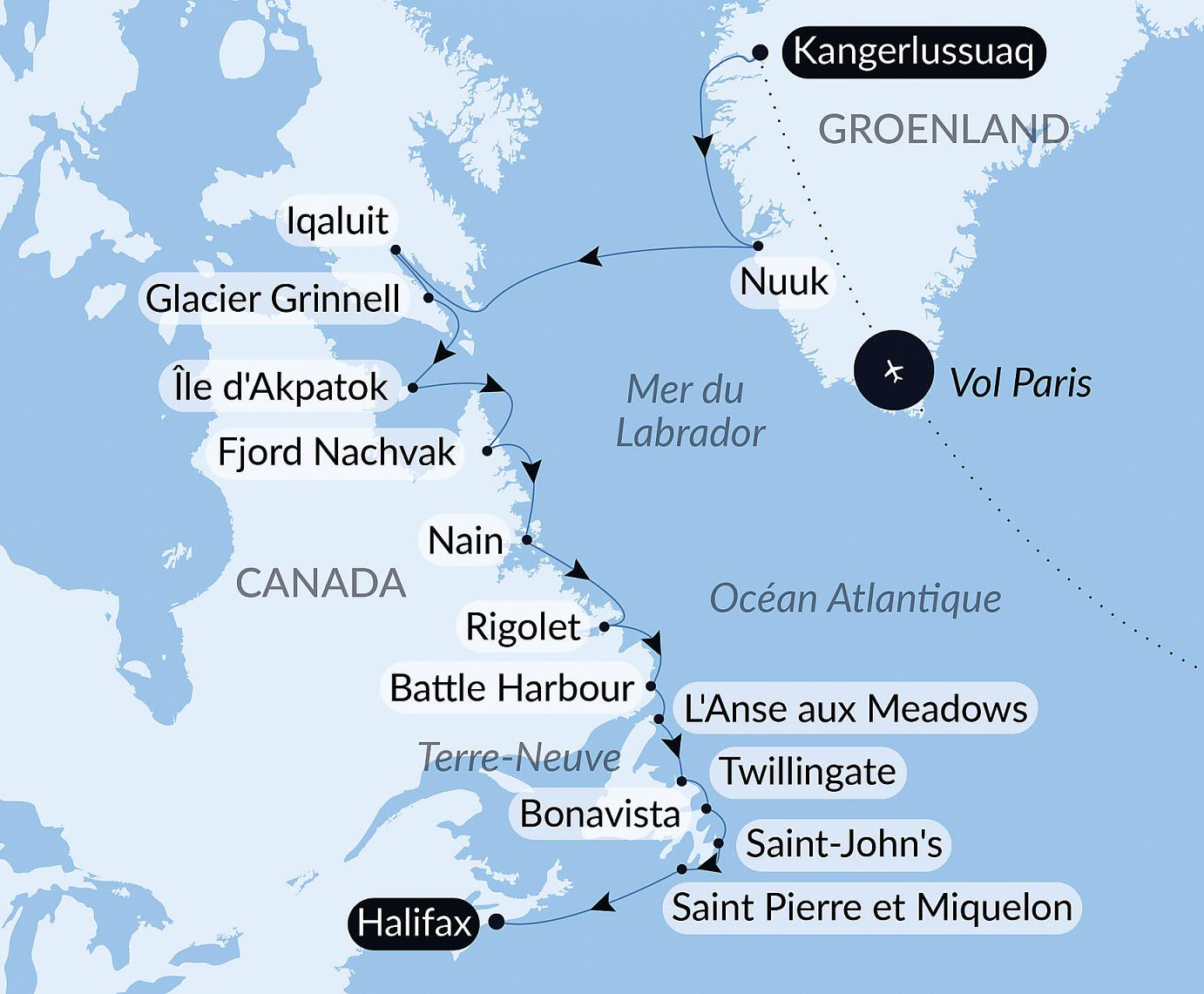 carte Des côtes sauvages du Groenland à la côte est du Canada, 18 jours