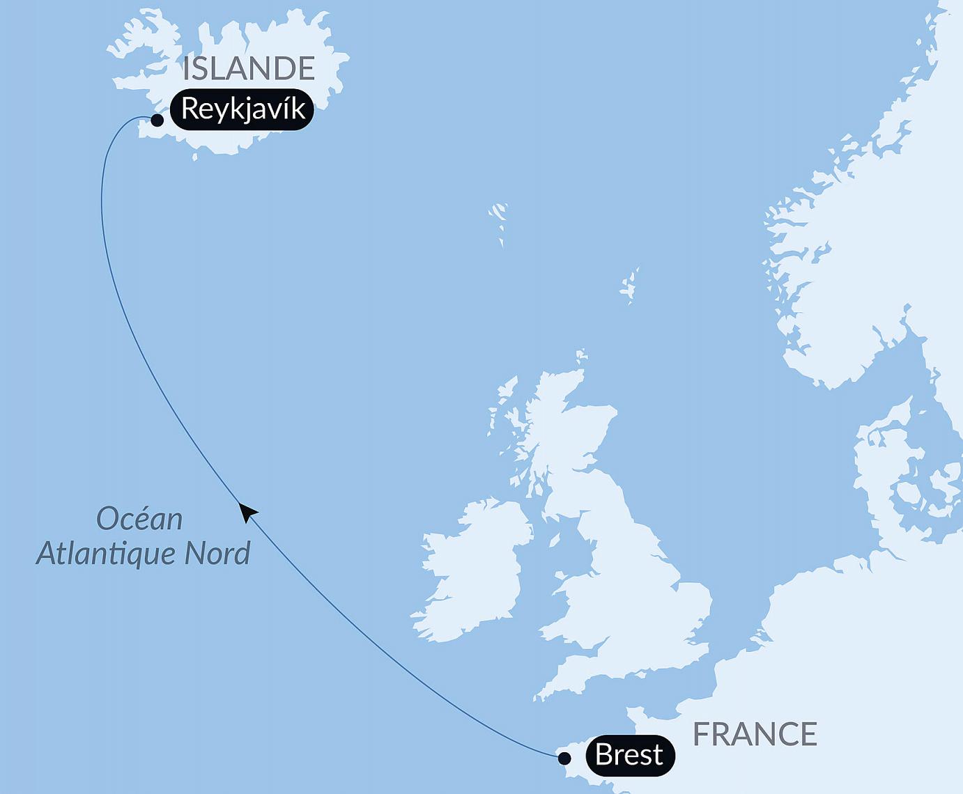 carte Voyage en mer : Brest-Reykjavik, 5 jours