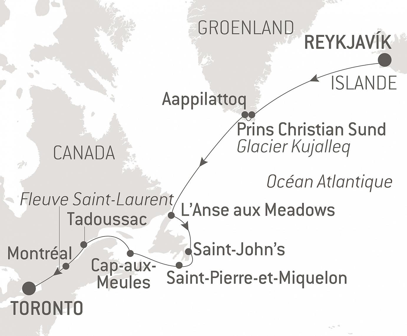 carte Exploration du Groenland au Canada par Saint-Pierre-et-Miquelon, 16 jours