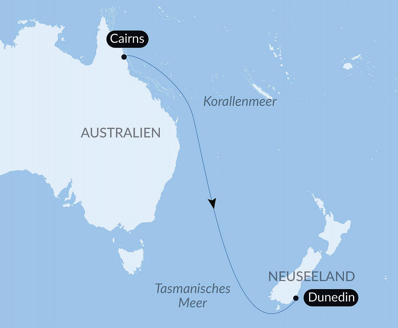 carte Voyage en Mer : Cairns - Dunedin, 10 jours