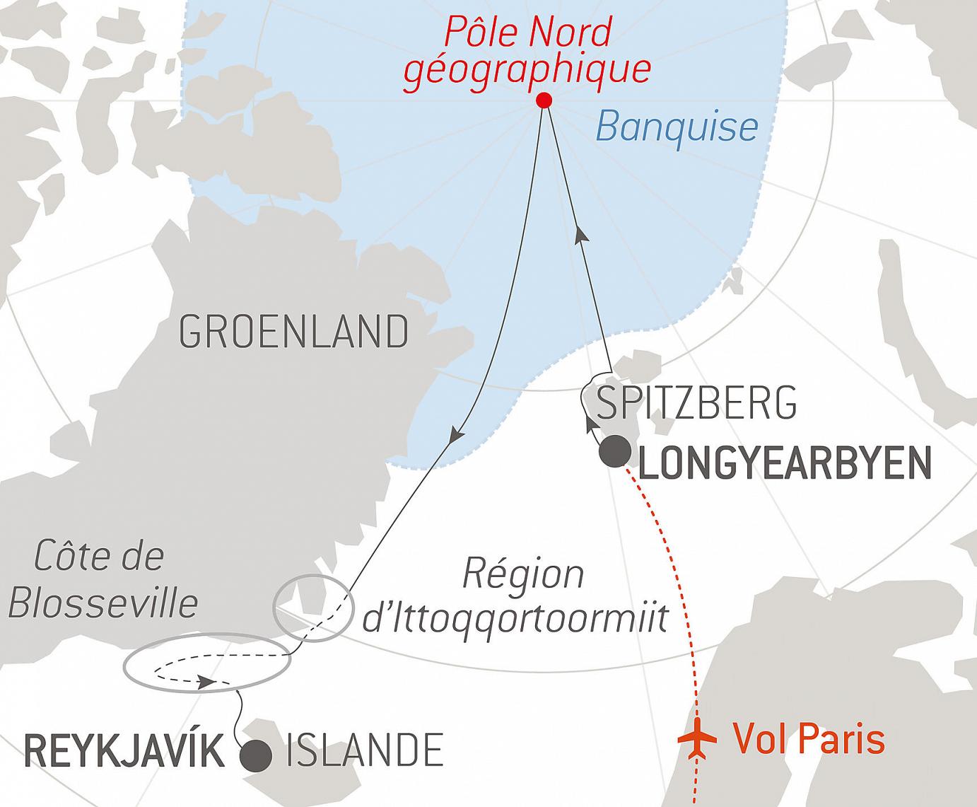 carte Le pôle Nord géographique et côte est du Groenland, 17 jours