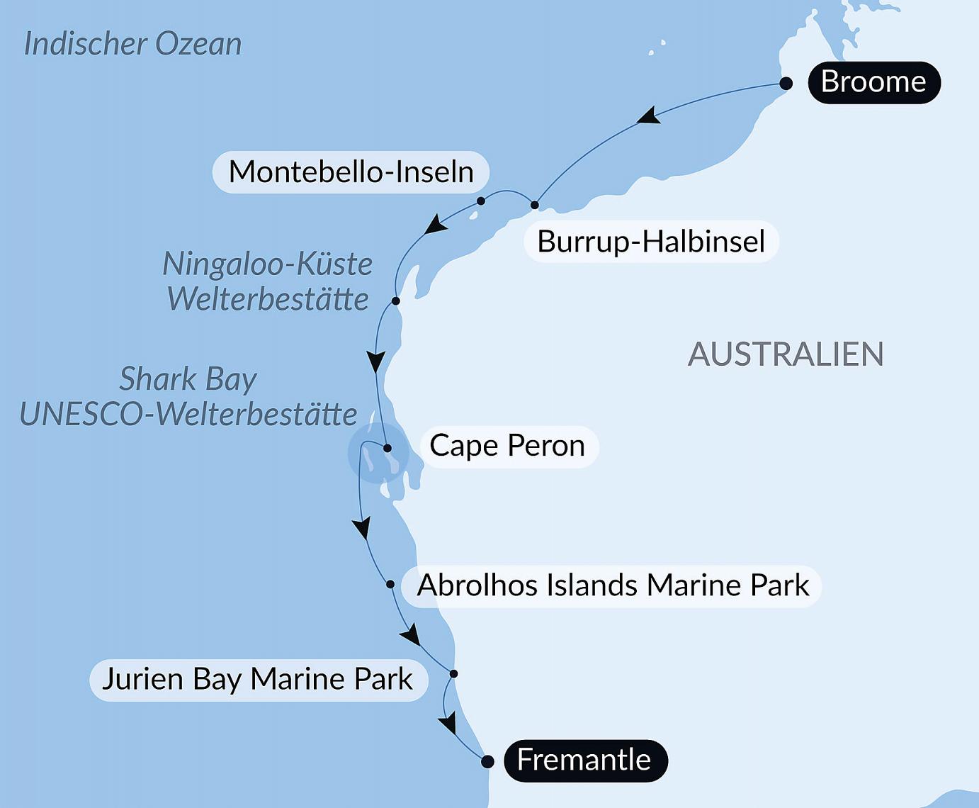 carte Odyssée le long de la côte ouest australienne, 11 jours