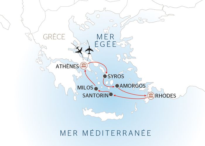 carte Les Cyclades et le Dodécanèse, îles confidentielles de la Mer Égée, 8 jours - ANA