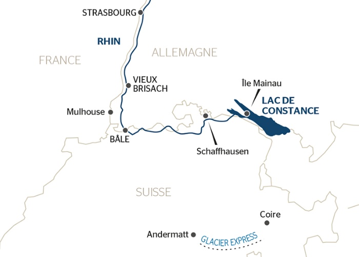 carte France, Suisse et Allemagne : croisière sur le Rhin vers la région des 3 pays et voyage à bord du train Glacier Express (formule port/port), 5 jours - GSB_PP
