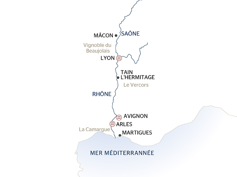 carte Les plus belles escales du Rhône et de la Saône. De Lyon à Martigues, porte de la Méditerranée (formule port/port), 7 jours - LMM_PP