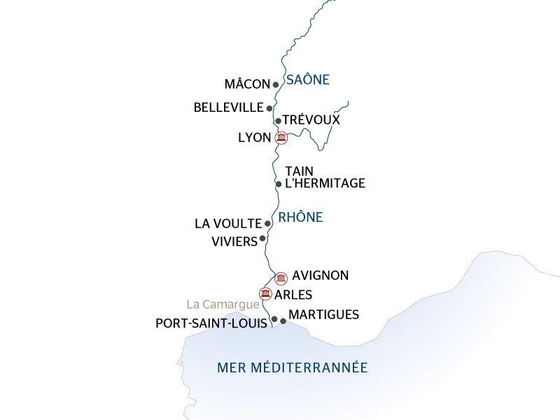 carte Les plus belles escales du Rhône et de la Saône De Martigues, porte de la Méditerranée à Lyon (formule port/port), 7 jours - MML_PP