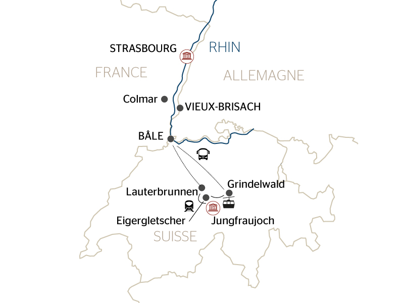 carte Du cœur de l'Alsace aux sommets des Alpes suisses (formule port/port), 5 jours - JUF_PP