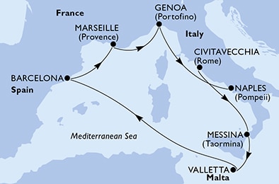 carte Civitavecchia, Messina, Valletta, Barcelona, Marseille, Genoa, 8 jours