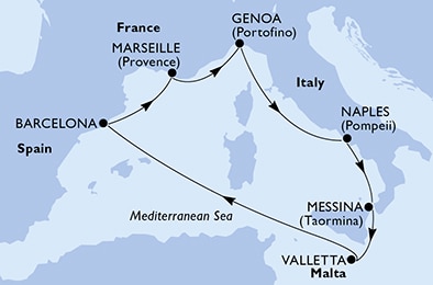carte Valletta, Barcelona, Marseille, Genoa, Naples, Messina, 8 jours
