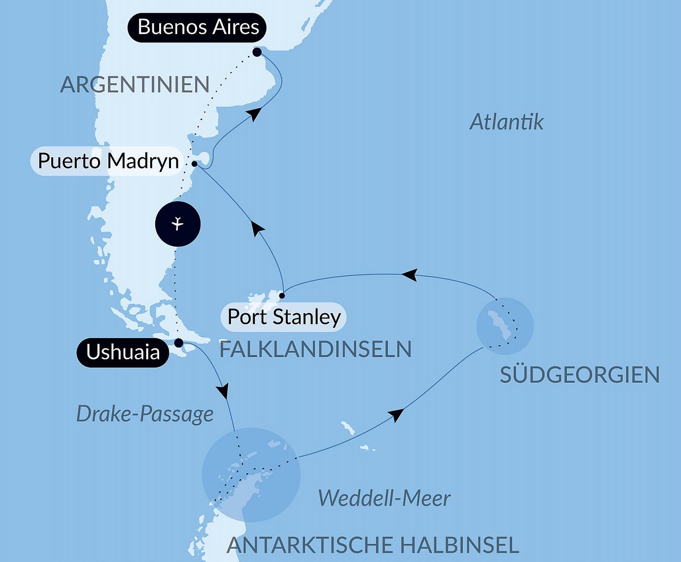 carte Voyage en terres australes et péninsule Valdés, 19 jours