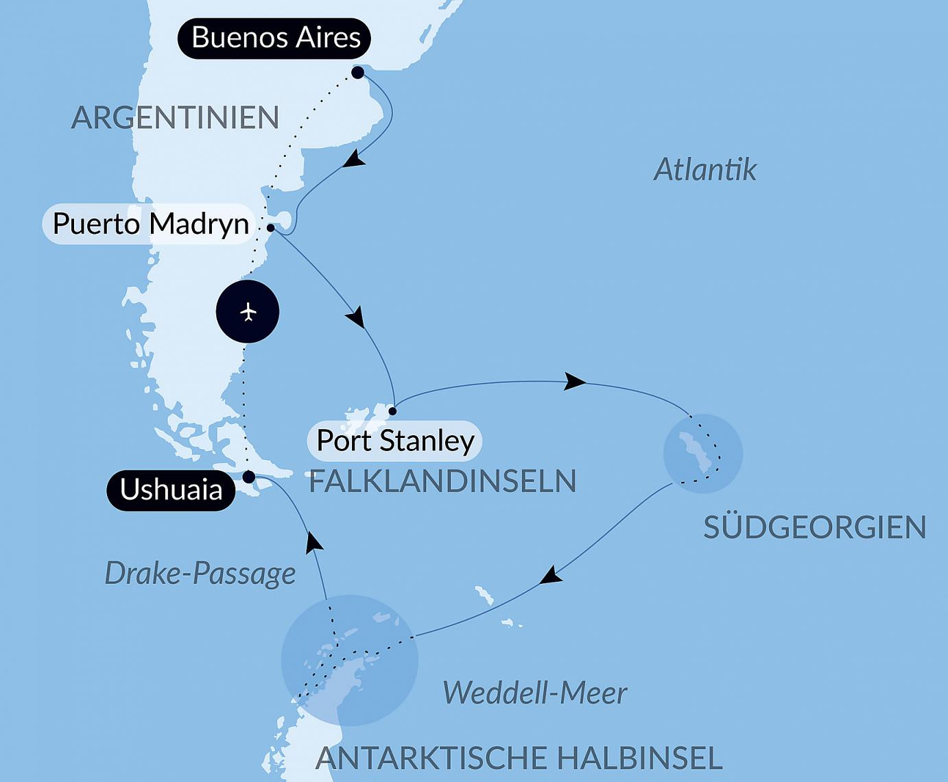 carte Voyage en terres australes et péninsule Valdés, 19 jours