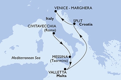 carte Civitavecchia, Messina, Valletta, Split, Venice-Marghera, 6 jours
