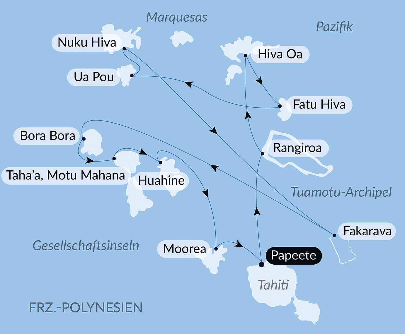 carte Marquises, Tuamotu et îles de la Société, 15 jours