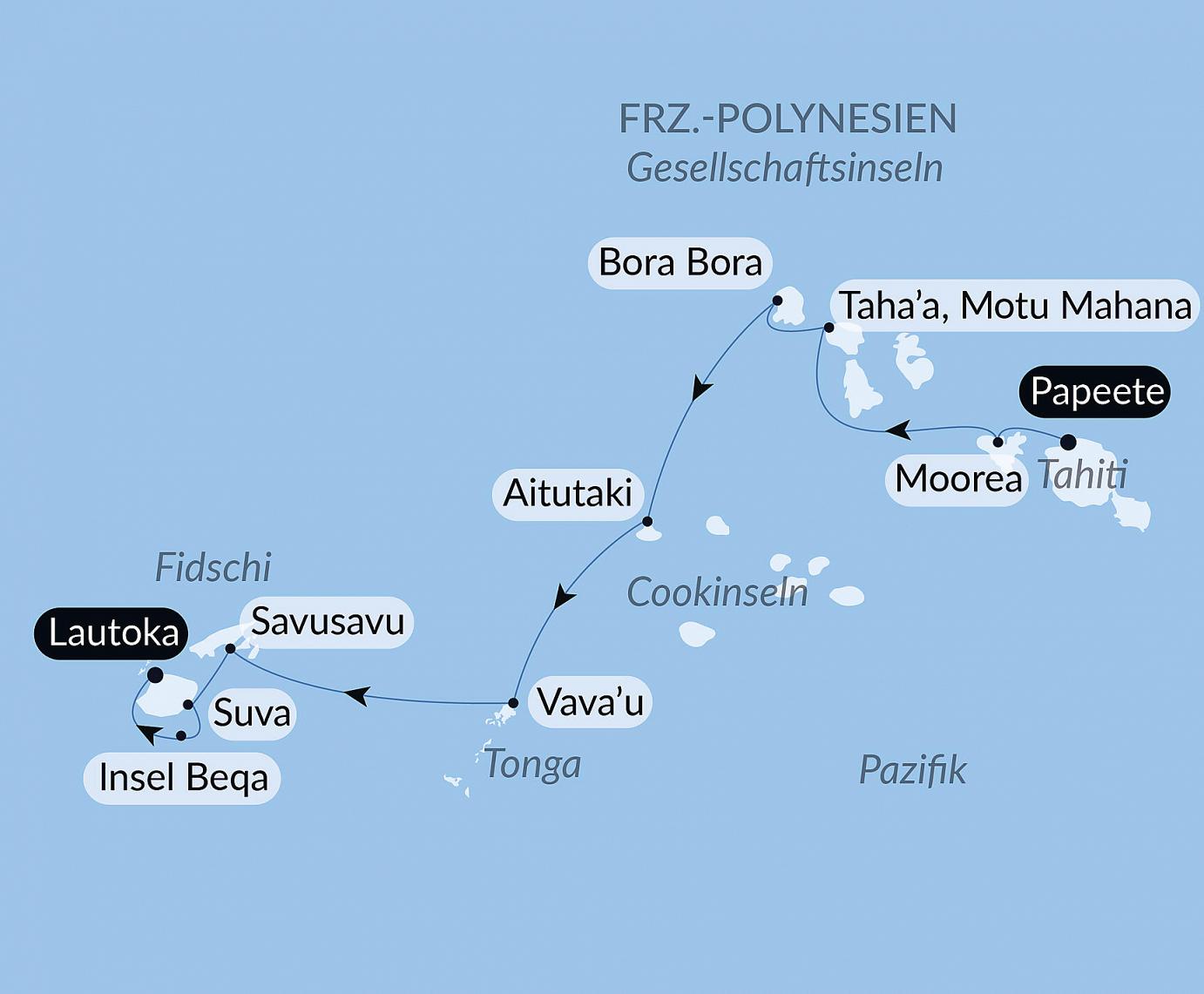 carte Îles Fidji, Tonga, Cook et îles de la Société, 16 jours