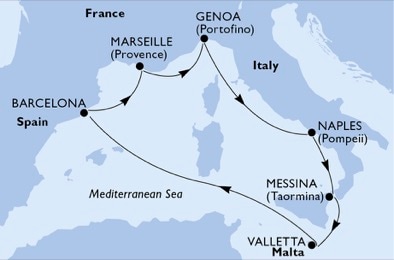carte Barcelona, Marseille, Genoa, Naples, Messina, Valletta, 8 jours