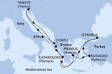 carte Piraeus, Kusadasi, Istanbul, Corfu, Bari, Trieste, 10 jours