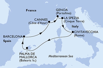 carte Civitavecchia, Palma de Mallorca, Barcelona, Cannes, Genoa, La Spezia, 8 jours