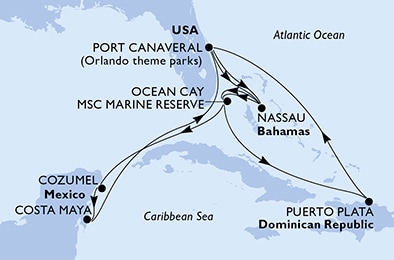 carte Port Canaveral, Nassau, Ocean Cay, Puerto Plata, Cozumel, Costa Maya, 15 jours