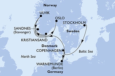 carte Suède, Danemark, Allemagne, Norvège, 9 jours