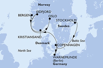 carte Suède, Danemark, Allemagne, Norvège, 9 jours