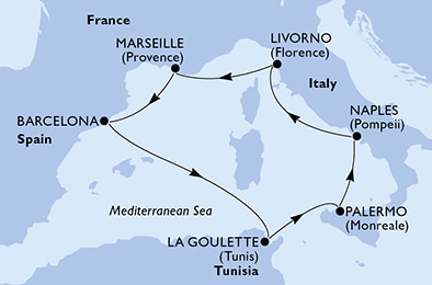 carte Palermo, Naples, Livorno, Marseille, Barcelona, La Goulette, 8 jours