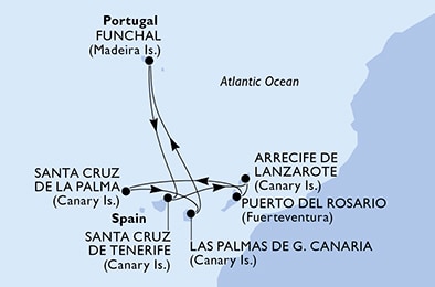 carte Funchal, Santa Cruz de Tenerife, Arrecife de Lanzarote, Puerto del Rosario, Santa Cruz de La Palma, Las Palmas de G.Canaria, 8 jours
