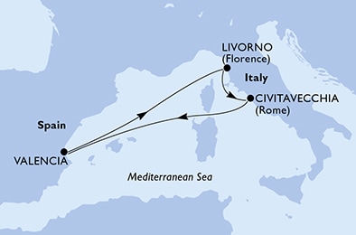 carte Civitavecchia, Valencia, Livorno, 6 jours