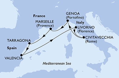 carte Civitavecchia, Genoa, Marseille, Tarragona, Valencia, Livorno, 8 jours