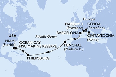 carte Civitavecchia, Genoa, Marseille, Barcelona, Funchal, Philipsburg, 18 jours