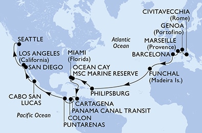 carte Civitavecchia, Genoa, Marseille, Barcelona, Funchal, Philipsburg, 36 jours