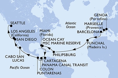 carte Genoa, Marseille, Barcelona, Funchal, Philipsburg, Ocean Cay, 35 jours