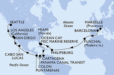 carte Marseille, Barcelona, Funchal, Philipsburg, Ocean Cay, Miami, 34 jours