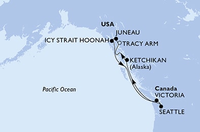 carte Seattle, Ketchikan, Tracy Arm, Juneau, Icy Strait Hoonah, Victoria, 8 jours