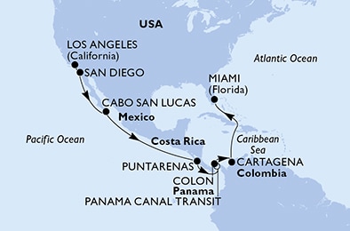 carte Los Angeles, San Diego, Cabo San Lucas, Puntarenas, BLB-Panam Canal, CTB-Panama Canal, 16 jours
