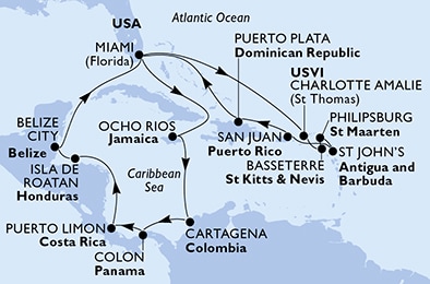 carte Caraïbes et Antilles, 22 jours